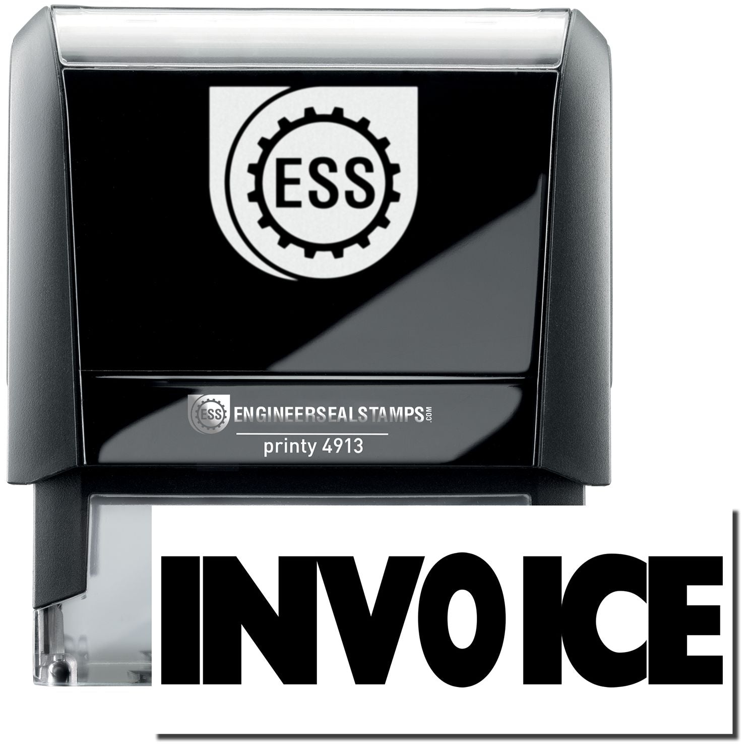 A self-inking stamp with a stamped image showing how the text "INVOICE" in a large bold font is displayed by it after stamping.