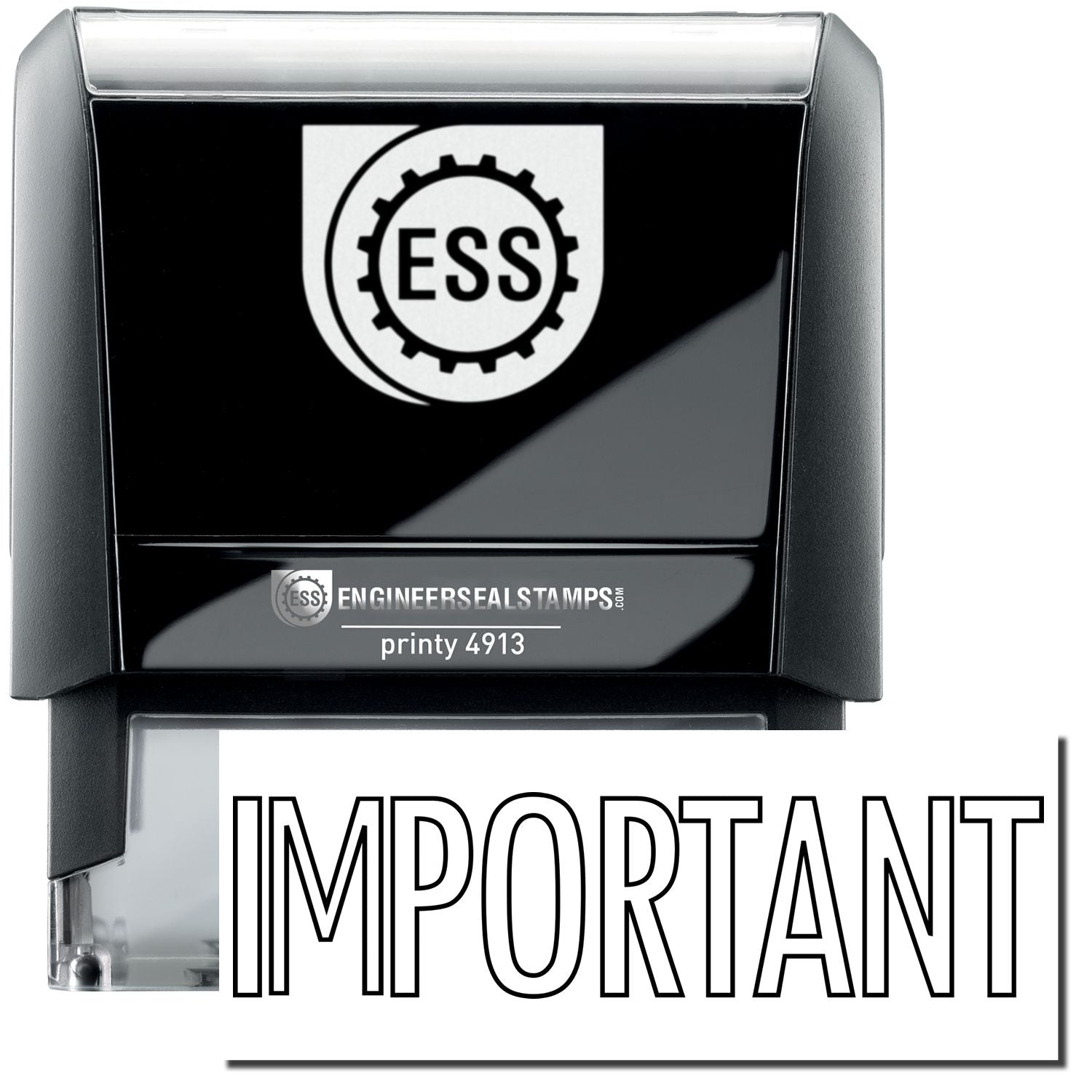 A self-inking stamp with a stamped image showing how the text IMPORTANT in a large outline font is displayed by it after stamping.