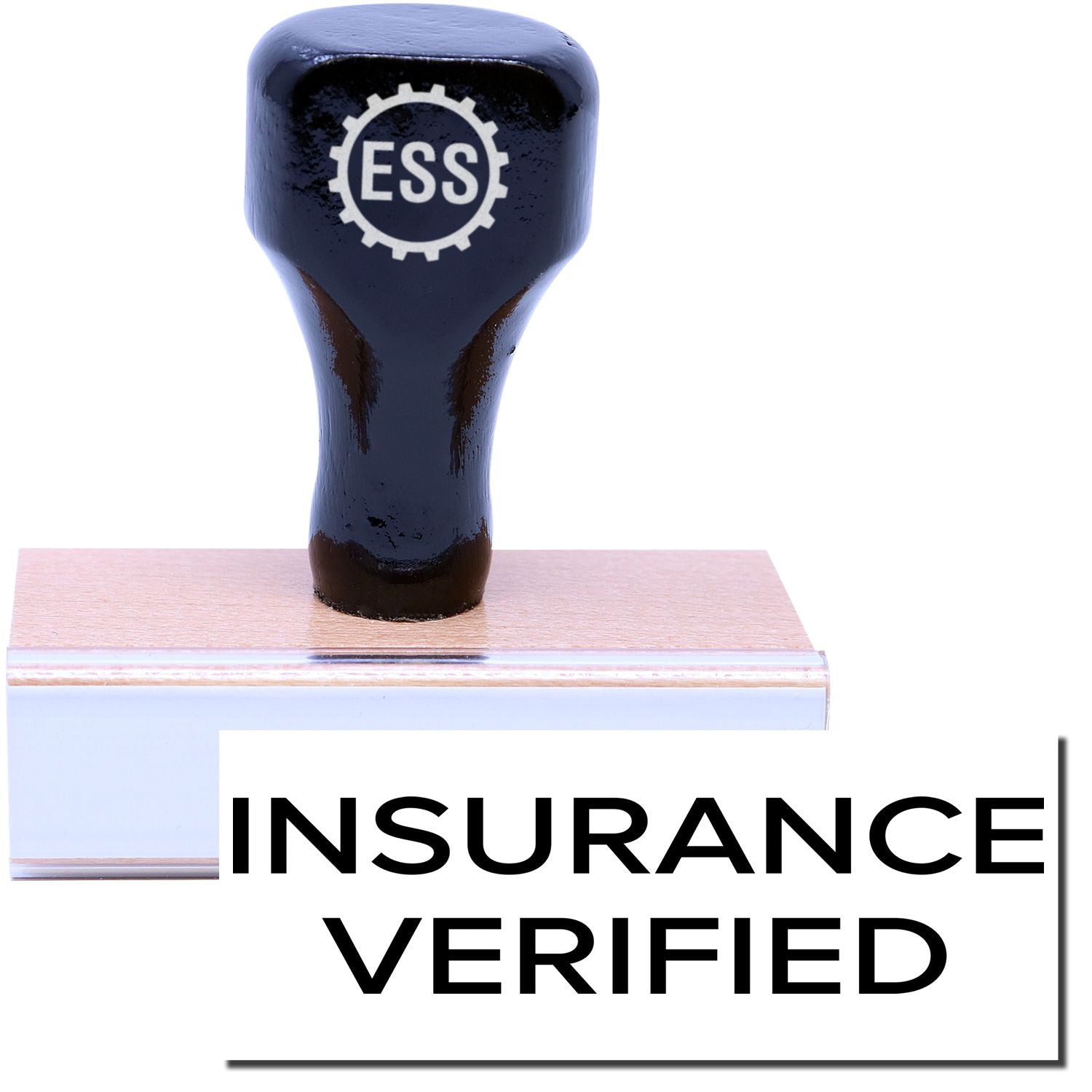 A stock office rubber stamp with a stamped image showing how the text INSURANCE VERIFIED in a large narrow font is displayed after stamping.