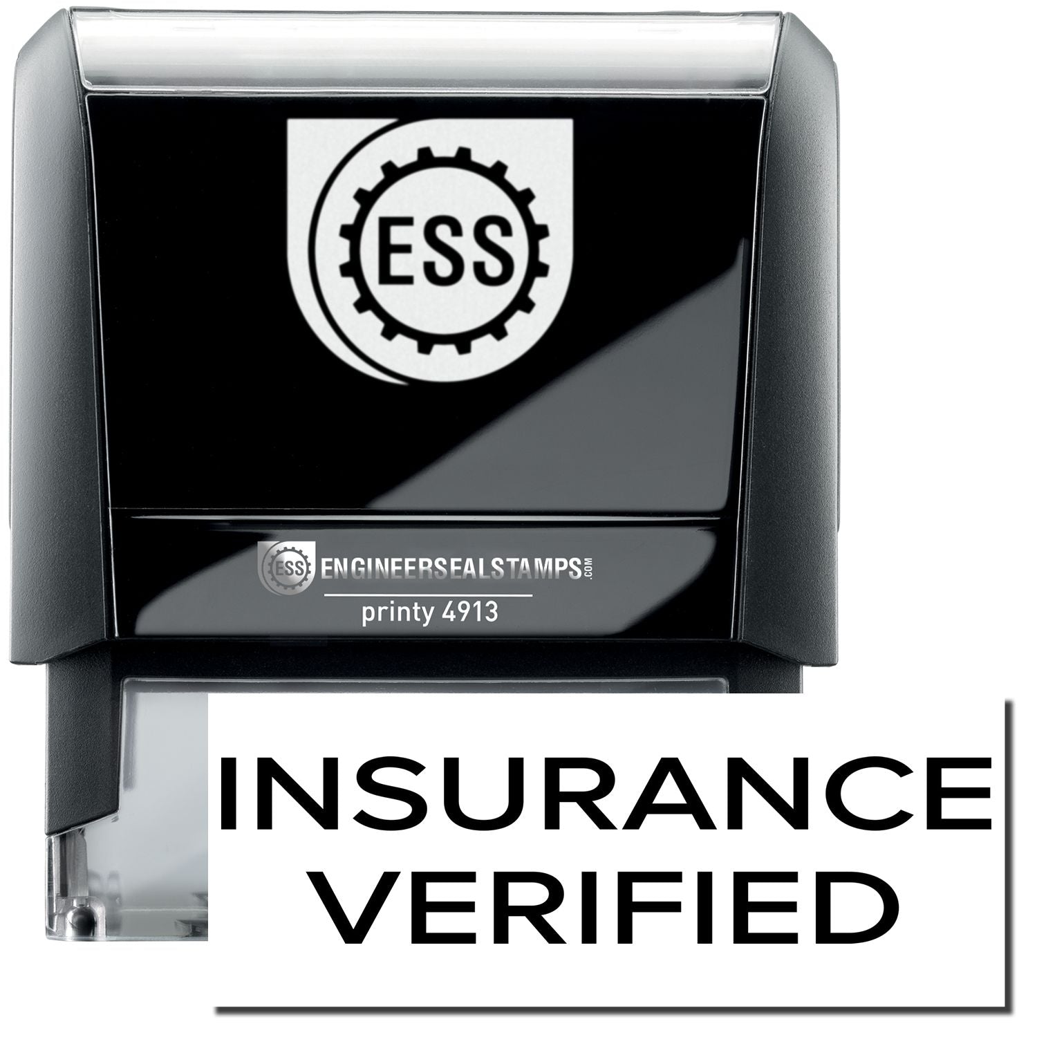 A self-inking stamp with a stamped image showing how the text INSURANCE VERIFIED in a large narrow font is displayed by it after stamping.