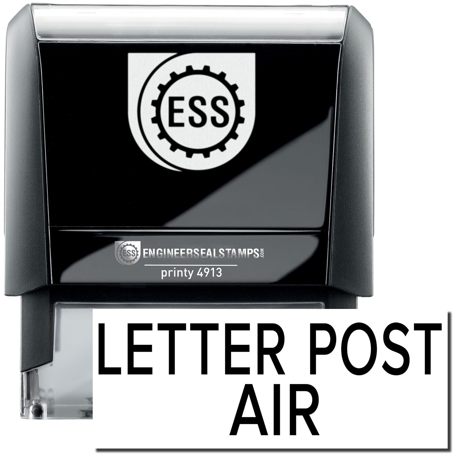 A self-inking stamp with a stamped image showing how the text LETTER POST AIR in a large font is displayed by it after stamping.