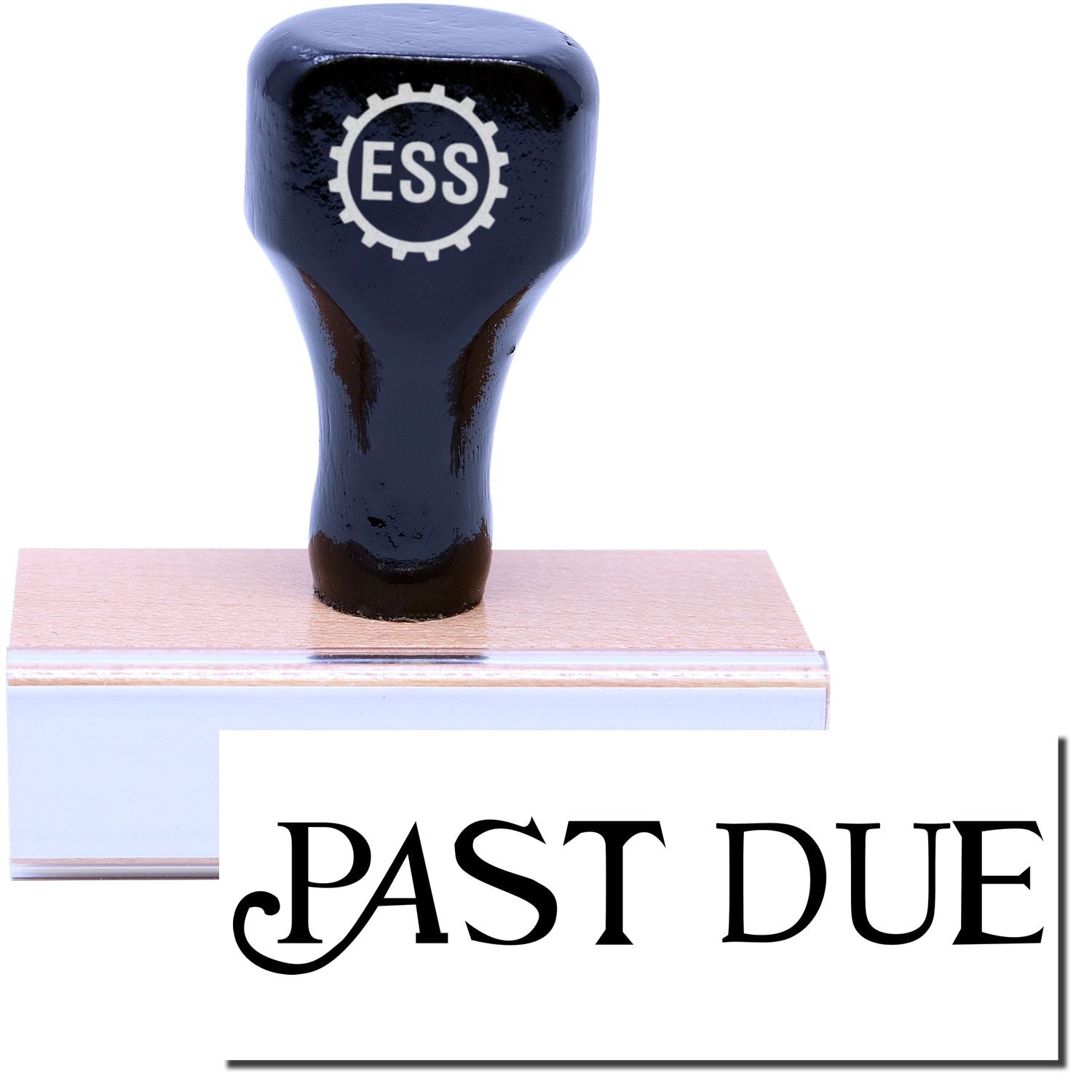 A stock office rubber stamp with a stamped image showing how the text PAST DUE in a large curley font is displayed after stamping.