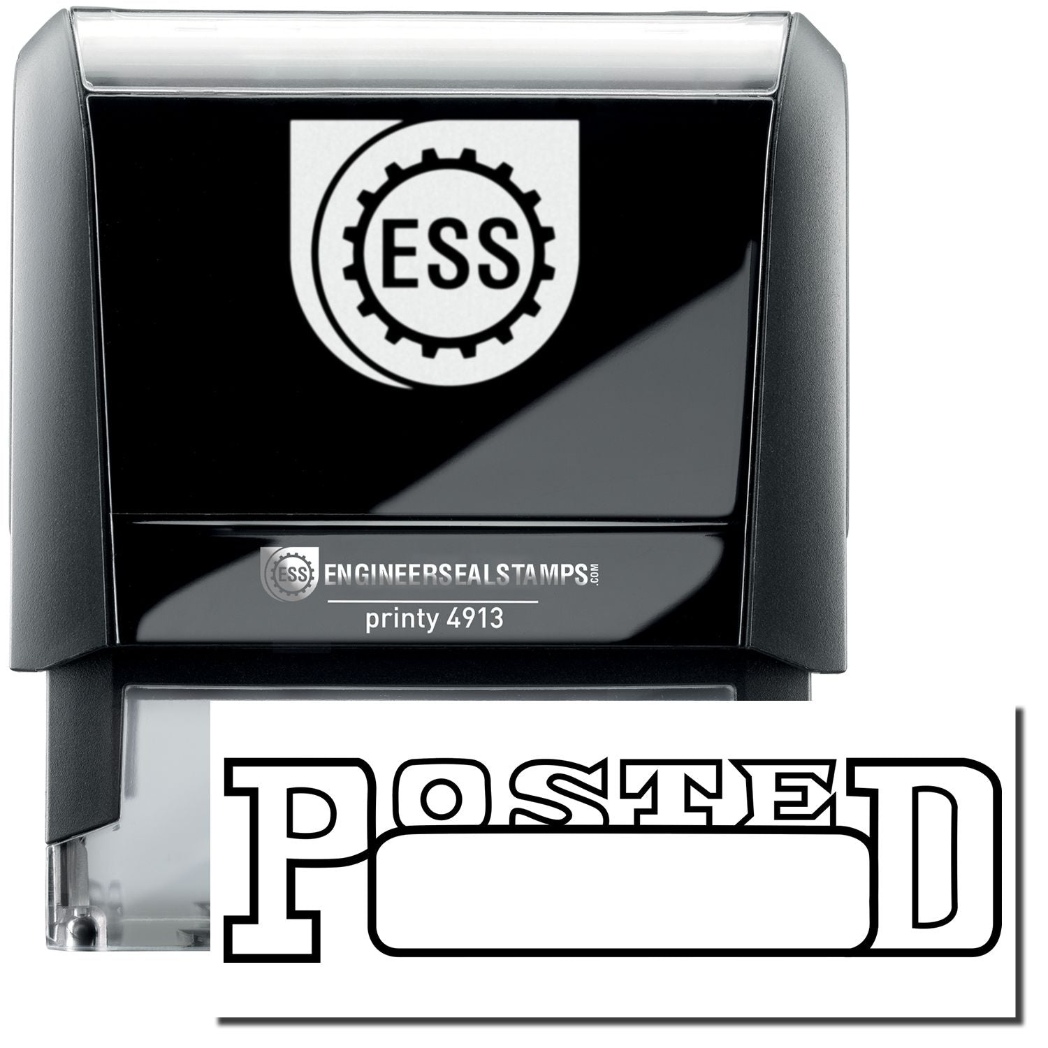 A self-inking stamp with a stamped image showing how the text POSTED in a large outline font with a Date Box under it is displayed after stamping.