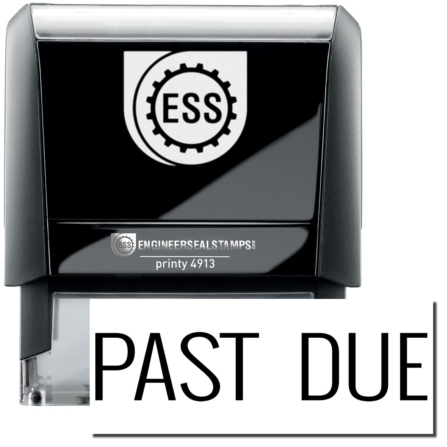 A self-inking stamp with a stamped image showing how the text PAST DUE in a large narrow font is displayed by it after stamping.