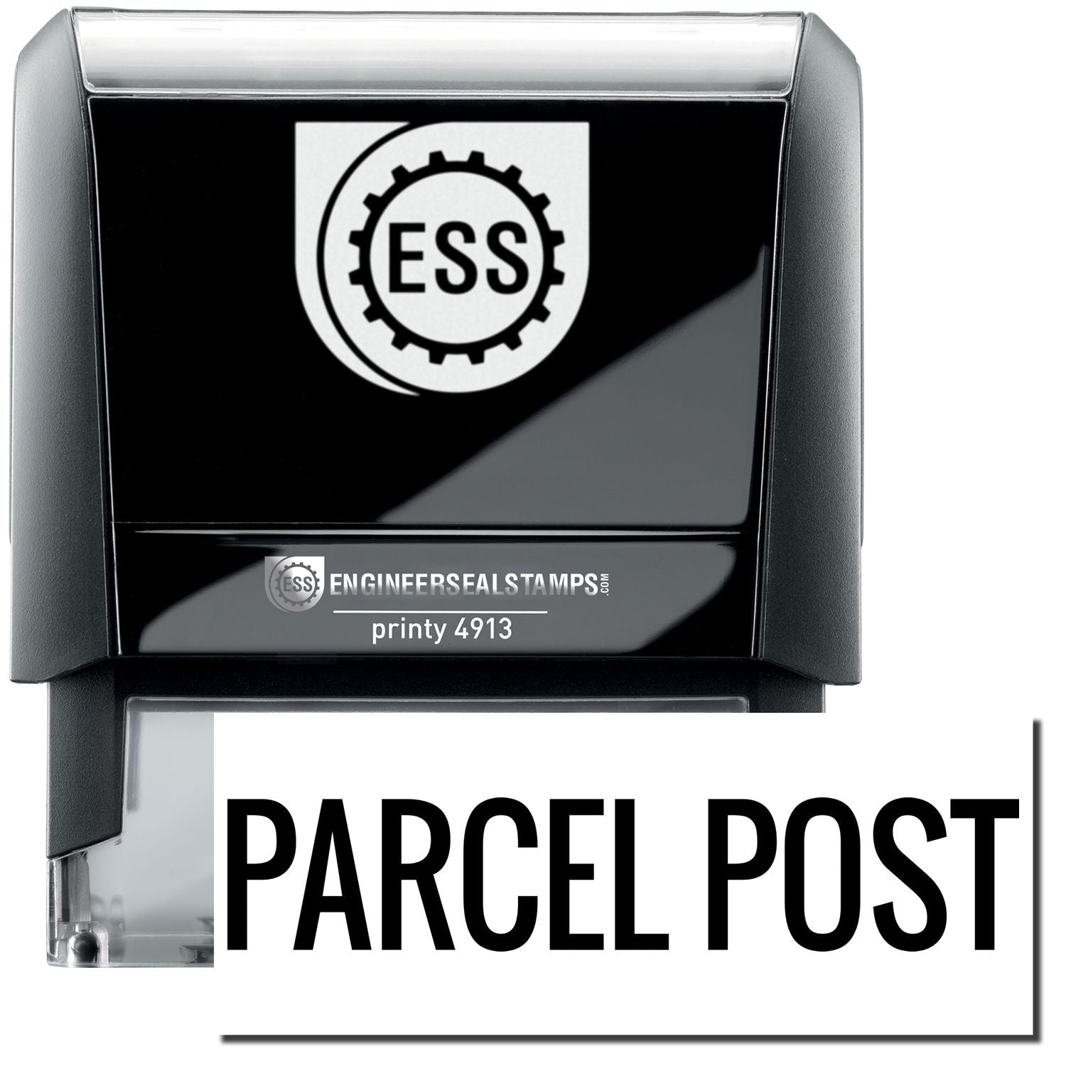 A self-inking stamp with a stamped image showing how the text PARCEL POST in a large font is displayed by it after stamping.