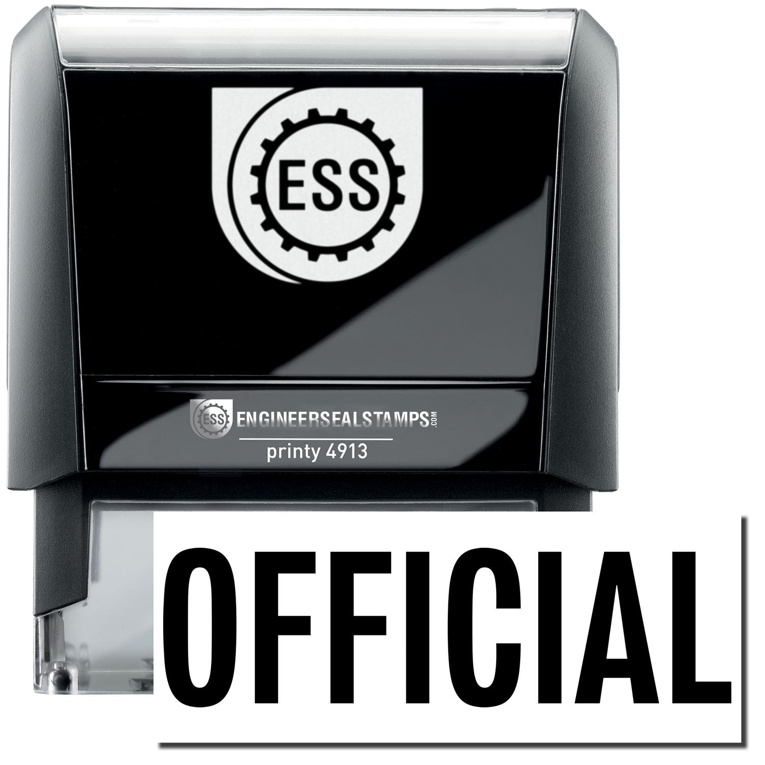 A self-inking stamp with a stamped image showing how the text OFFICIAL in a large font is displayed by it after stamping.