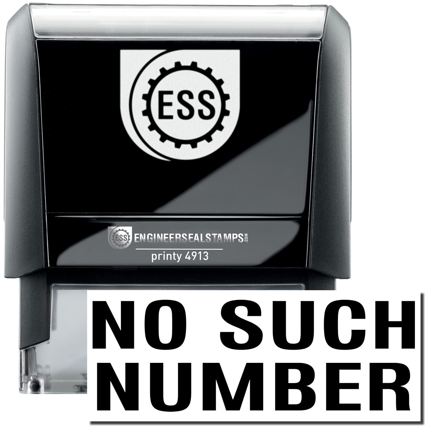 A self-inking stamp with a stamped image showing how the text NO SUCH NUMBER in a large font is displayed by it after stamping.