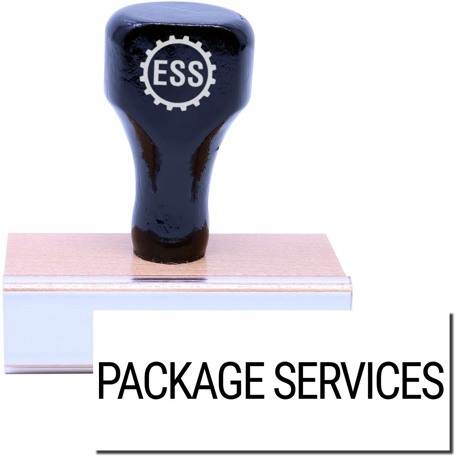 A stock office rubber stamp with a stamped image showing how the text PACKAGE SERVICES in a large font is displayed after stamping.