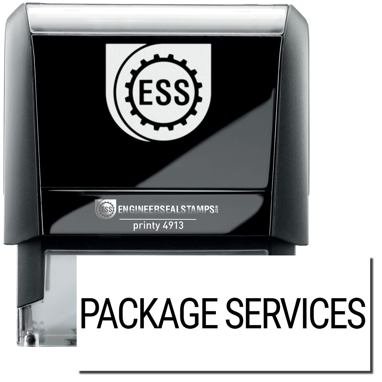 A self-inking stamp with a stamped image showing how the text PACKAGE SERVICES in a large font is displayed by it after stamping.