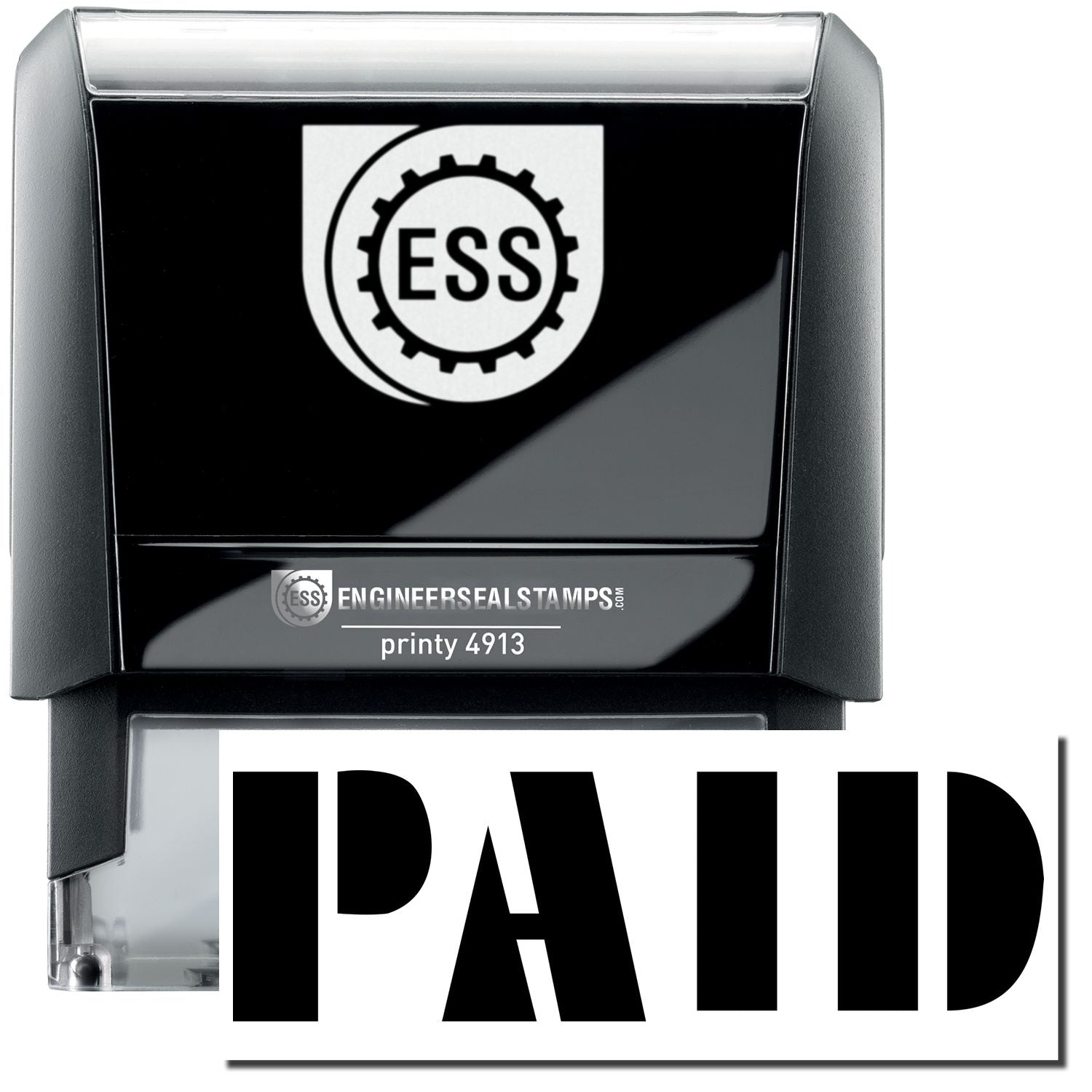 A self-inking stamp with a stamped image showing how the text PAID in a unique large bold font is displayed by it after stamping.