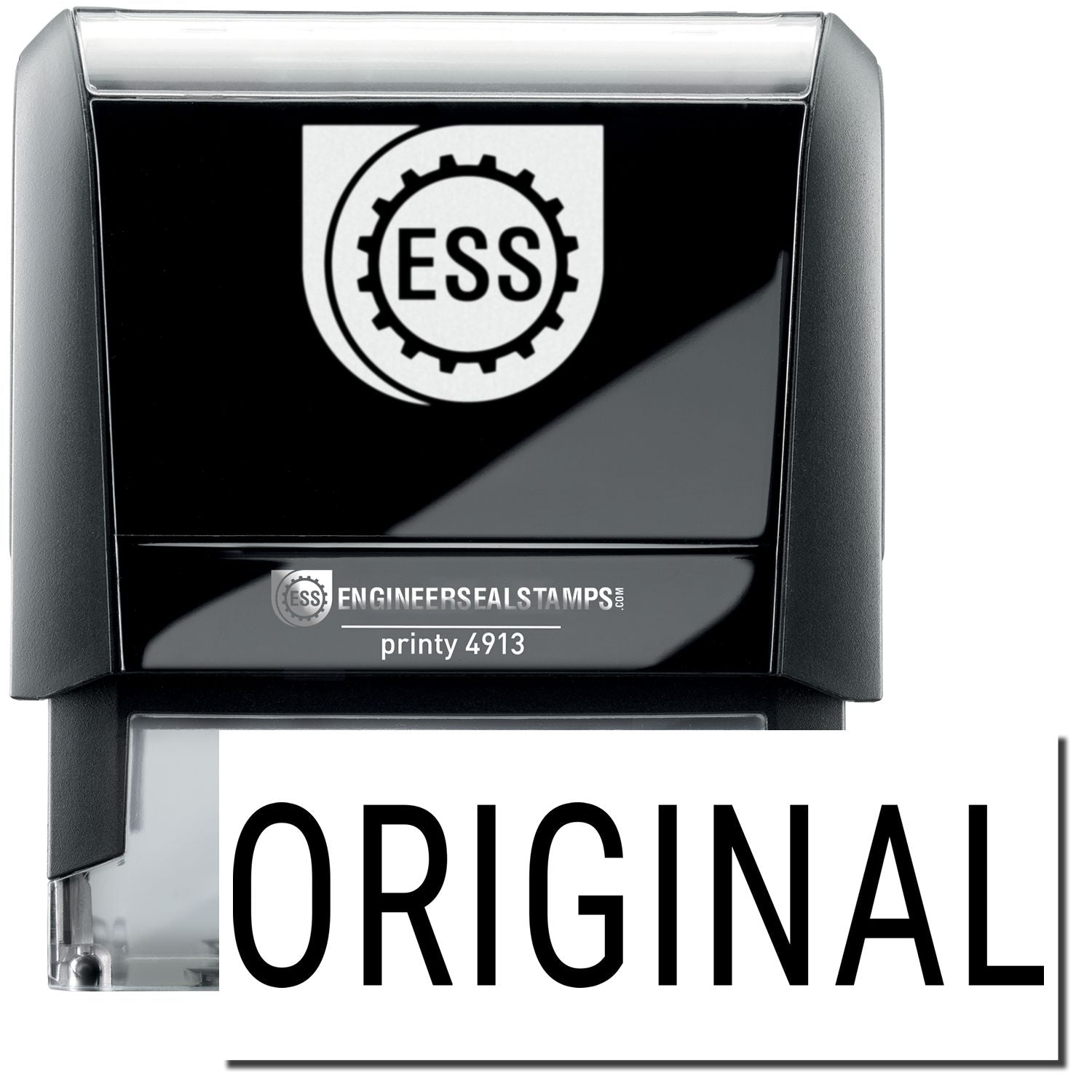 A self-inking stamp with a stamped image showing how the text ORIGINAL in a large narrow font is displayed by it after stamping.