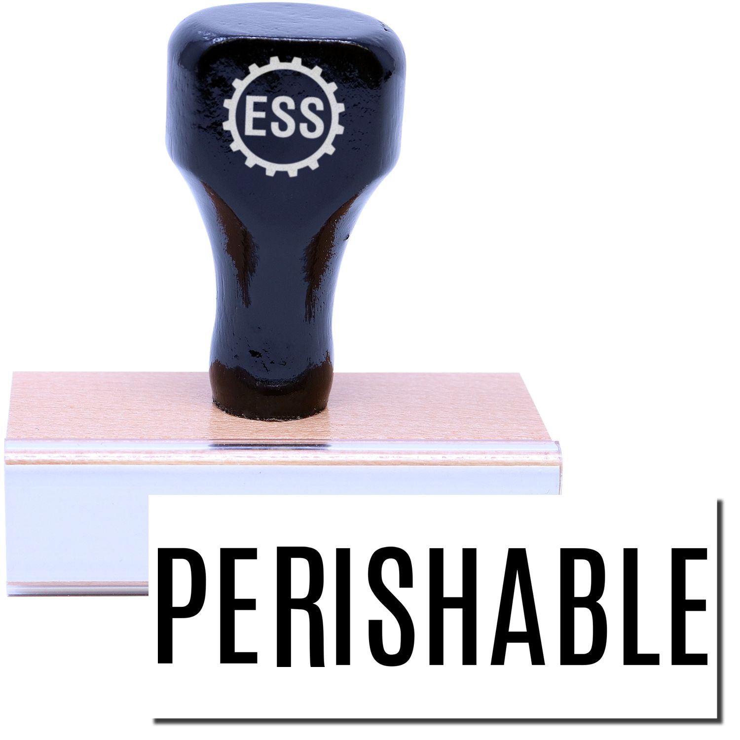 A stock office rubber stamp with a stamped image showing how the text "PERISHABLE" in a large font is displayed after stamping.