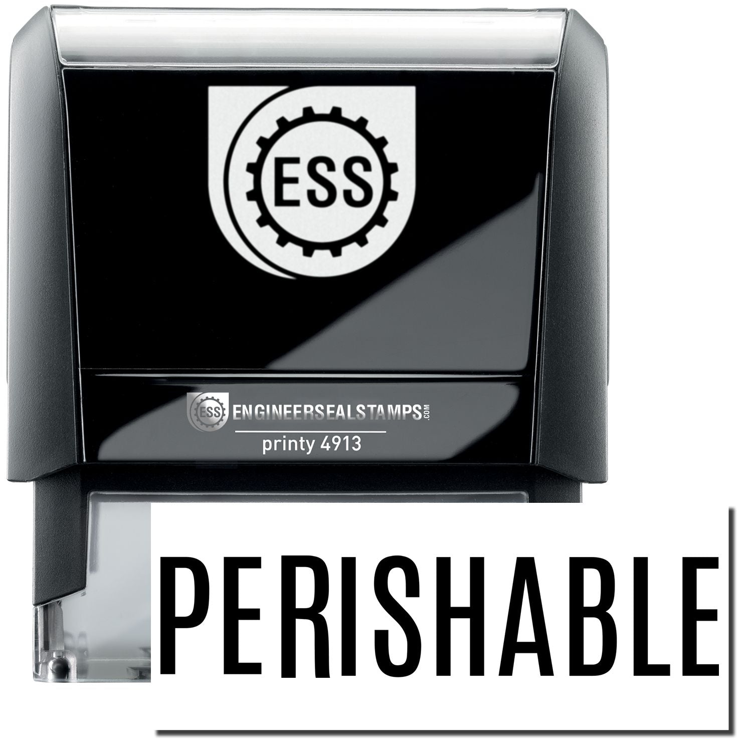 A self-inking stamp with a stamped image showing how the text PERISHABLE in a large font is displayed by it after stamping.