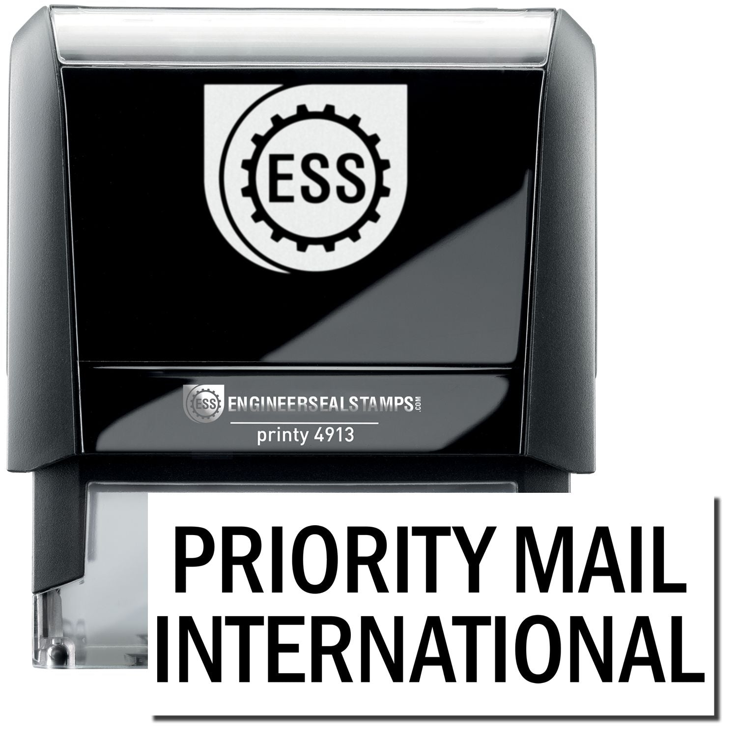 A self-inking stamp with a stamped image showing how the text PRIORITY MAIL INTERNATIONAL in a large font is displayed by it after stamping.