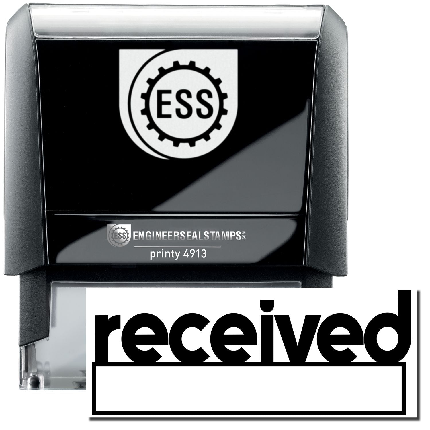 A self-inking stamp with a stamped image showing how the text received in a large lowercase font with a Date Box under it is displayed after stamping.