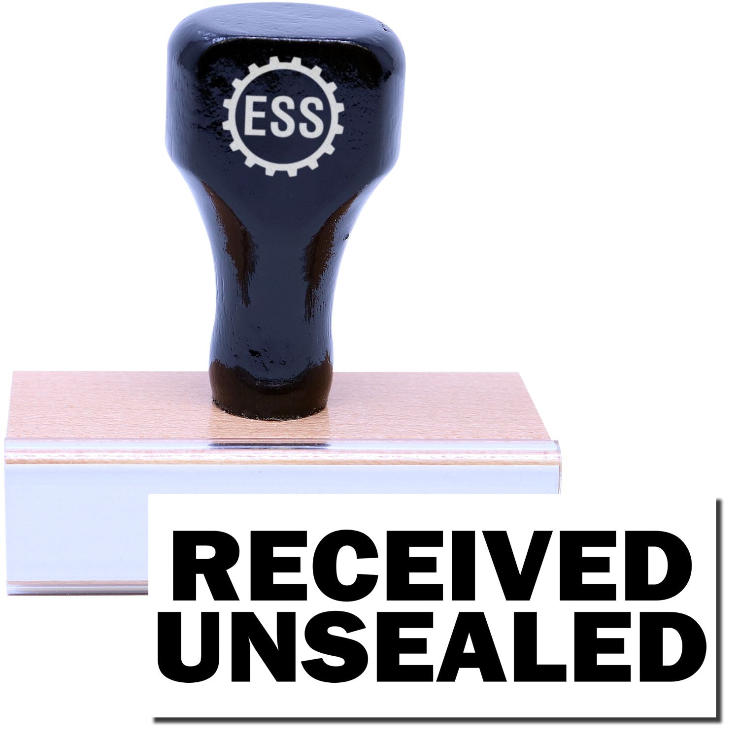 A stock office rubber stamp with a stamped image showing how the text RECEIVED UNSEALED in a large font is displayed after stamping.