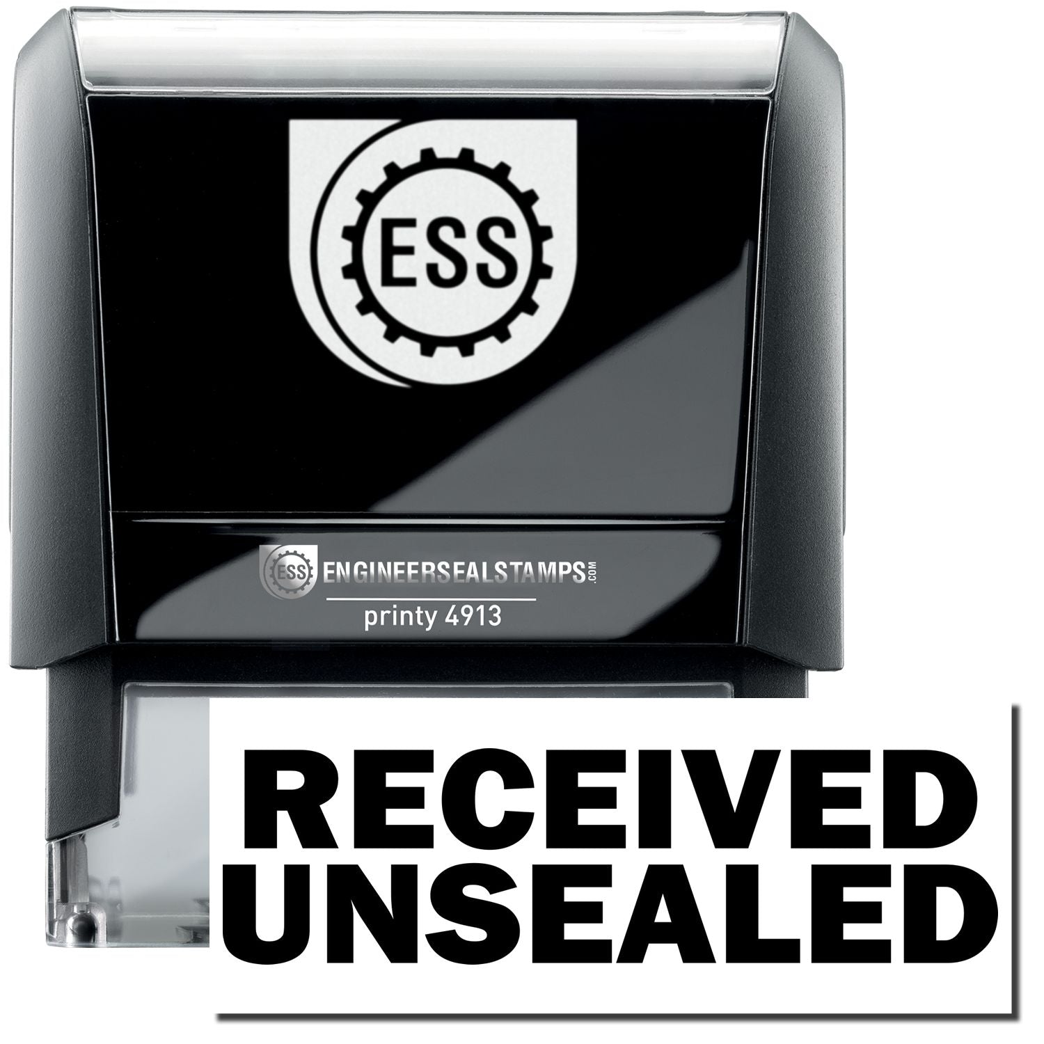 A self-inking stamp with a stamped image showing how the text RECEIVED UNSEALED in a large bold font is displayed by it after stamping.