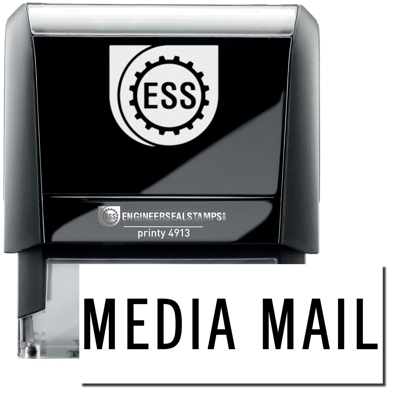 A self-inking stamp with a stamped image showing how the text MEDIA MAIL in a large font is displayed by it after stamping.