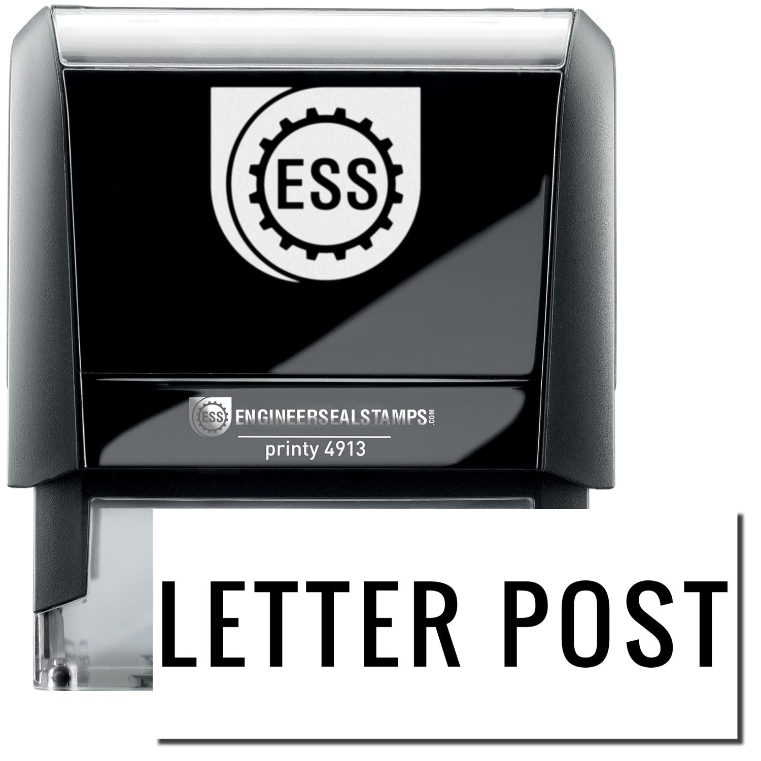 A self-inking stamp with a stamped image showing how the text LETTER POST in a large font is displayed by it after stamping.