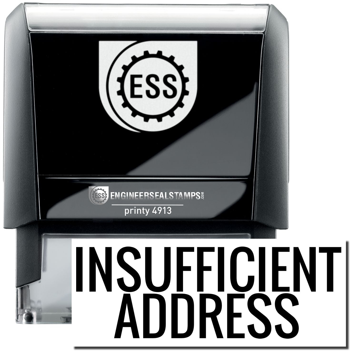 A self-inking stamp with a stamped image showing how the text INSUFFICIENT ADDRESS in a large font is displayed by it after stamping.