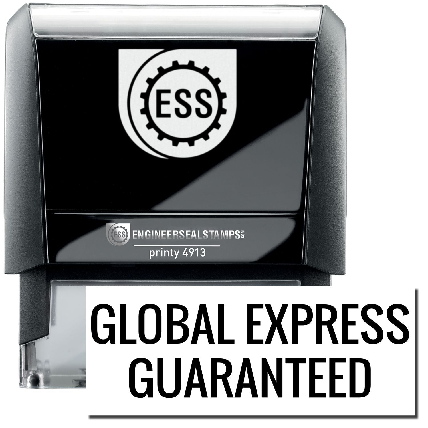 A self-inking stamp with a stamped image showing how the text GLOBAL EXPRESS GUARANTEED in a large font is displayed by it after stamping.