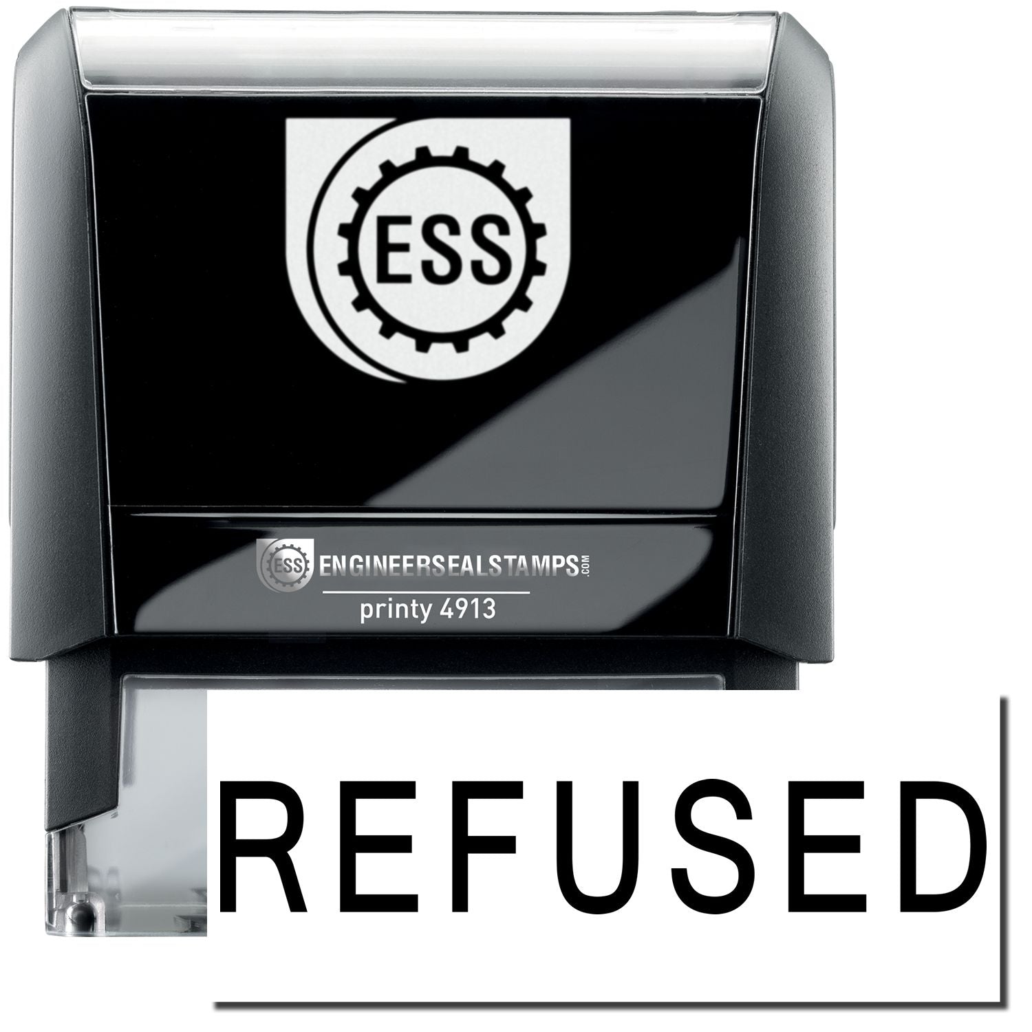 A self-inking stamp with a stamped image showing how the text "REFUSED" in a large font is displayed by it after stamping.