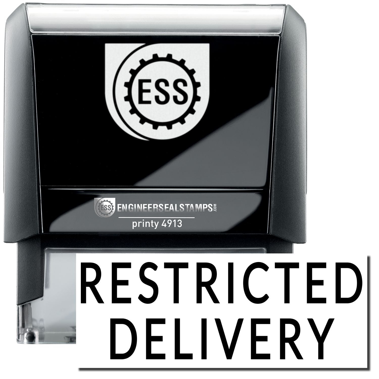 A self-inking stamp with a stamped image showing how the text RESTRICTED DELIVERY in a large font is displayed by it after stamping.