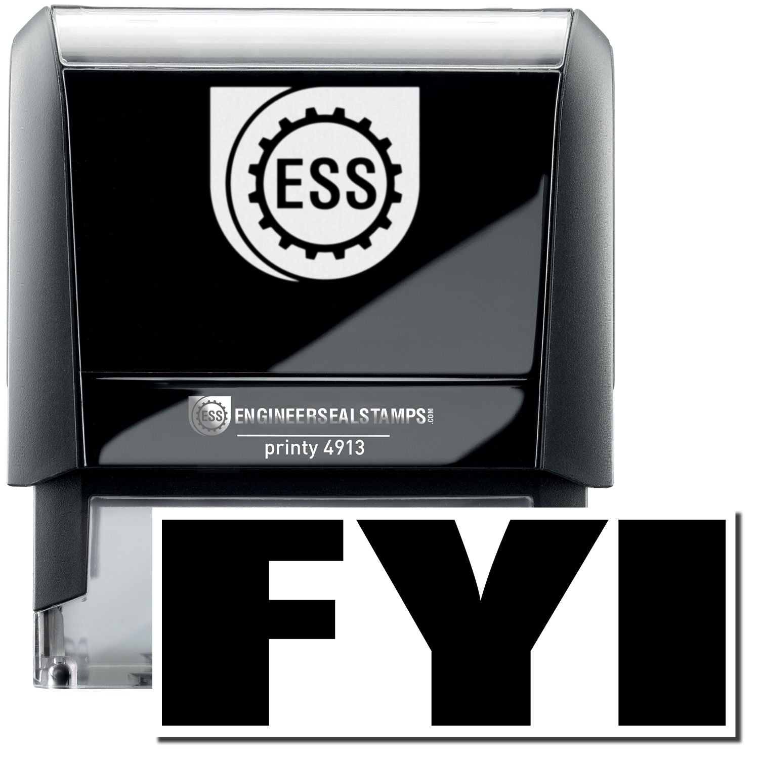 A self-inking stamp with a stamped image showing how the text FYI in a large bold font is displayed by it after stamping.