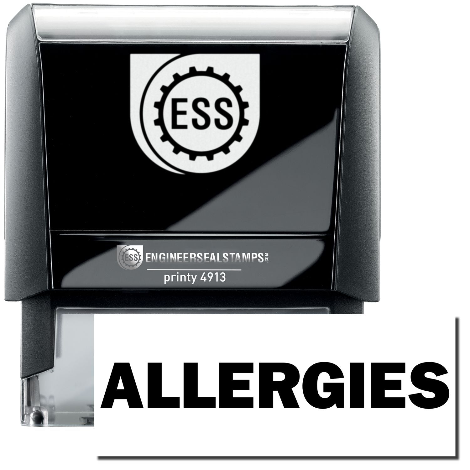 A self-inking stamp with a stamped image showing how the text ALLERGIES in a large font is displayed by it after stamping.