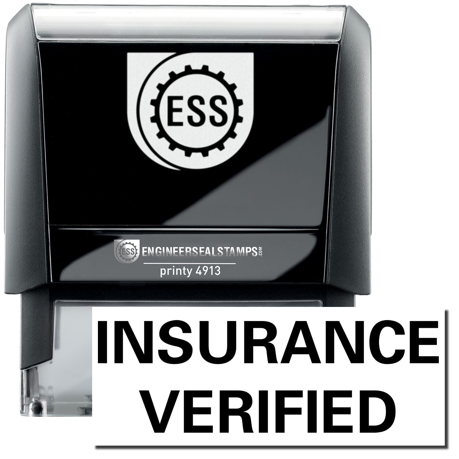 A self-inking stamp with a stamped image showing how the text INSURANCE VERIFIED in a large font is displayed by it after stamping.