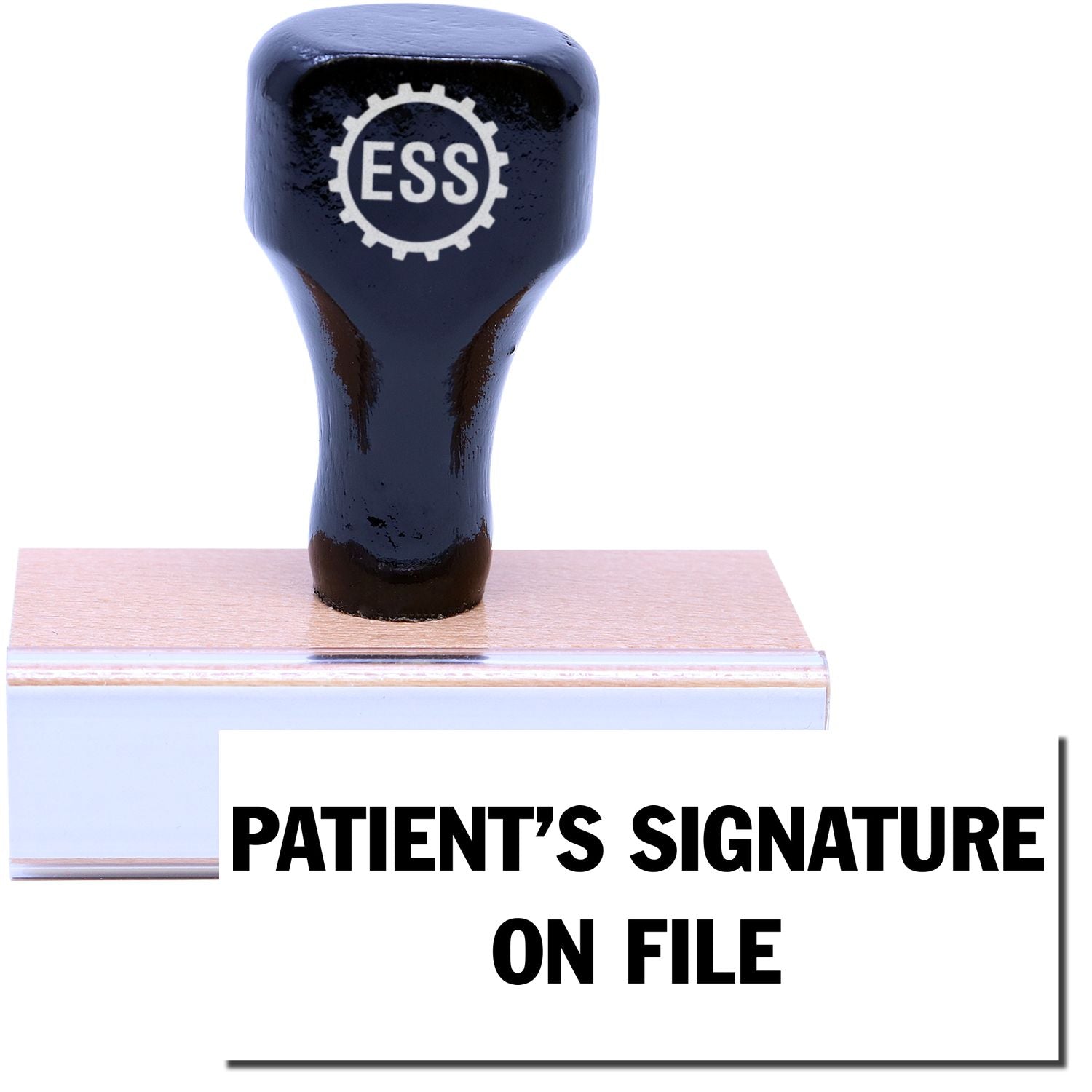 A stock office rubber stamp with a stamped image showing how the text "PATIENT'S SIGNATURE ON FILE" in a large font is displayed after stamping.