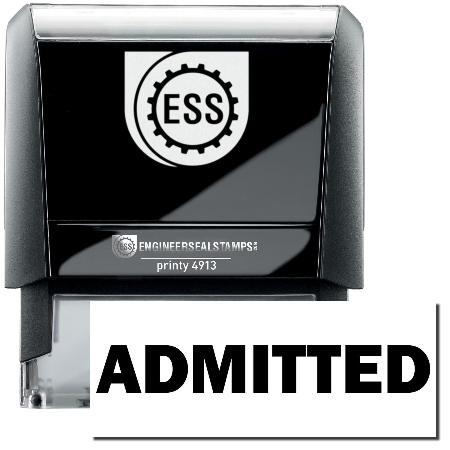 A self-inking stamp with a stamped image showing how the text ADMITTED in a large font is displayed by it after stamping.