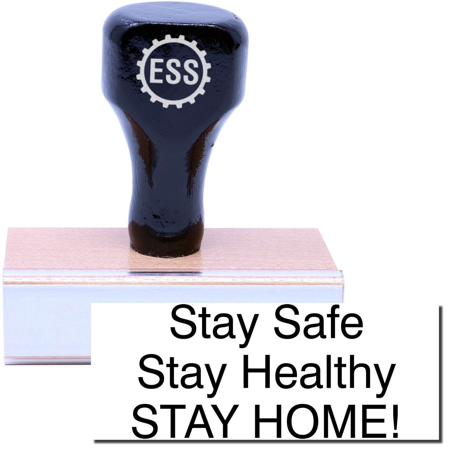 A stock office rubber stamp with a stamped image showing how the text Stay Safe Stay Healthy STAY HOME! in a large font is displayed after stamping.