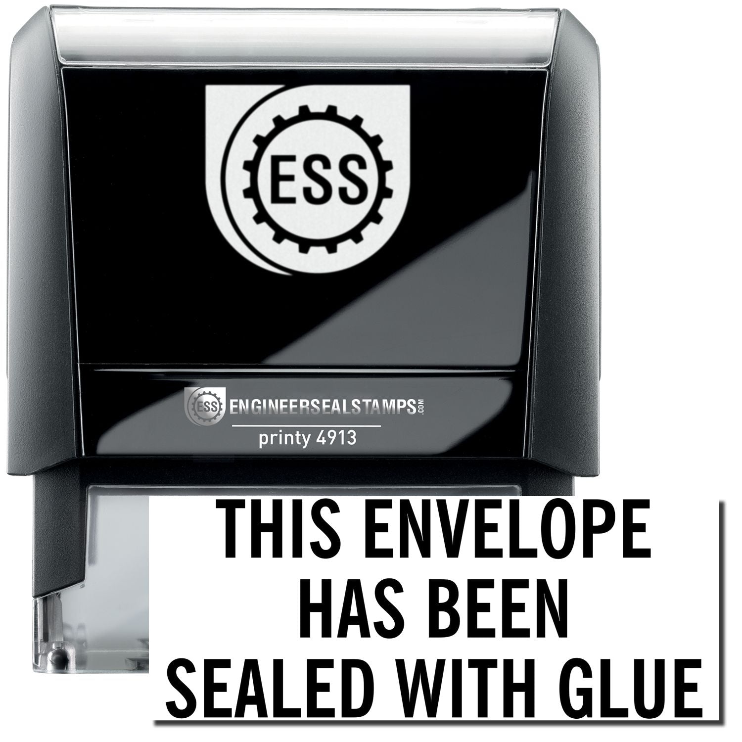 A self-inking stamp with a stamped image showing how the text THIS ENVELOPE HAS BEEN SEALED WITH GLUE in a large font is displayed by it after stamping.