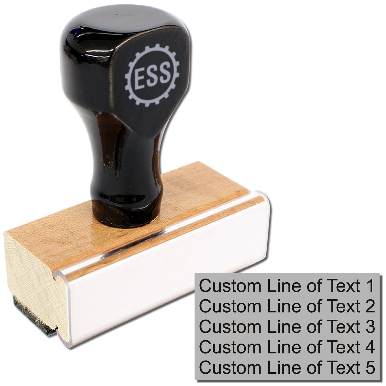 5 Line Custom Rubber Stamp with Wood Handle, featuring clear text for personalized stamping, ideal for office use, crafting, and organization.