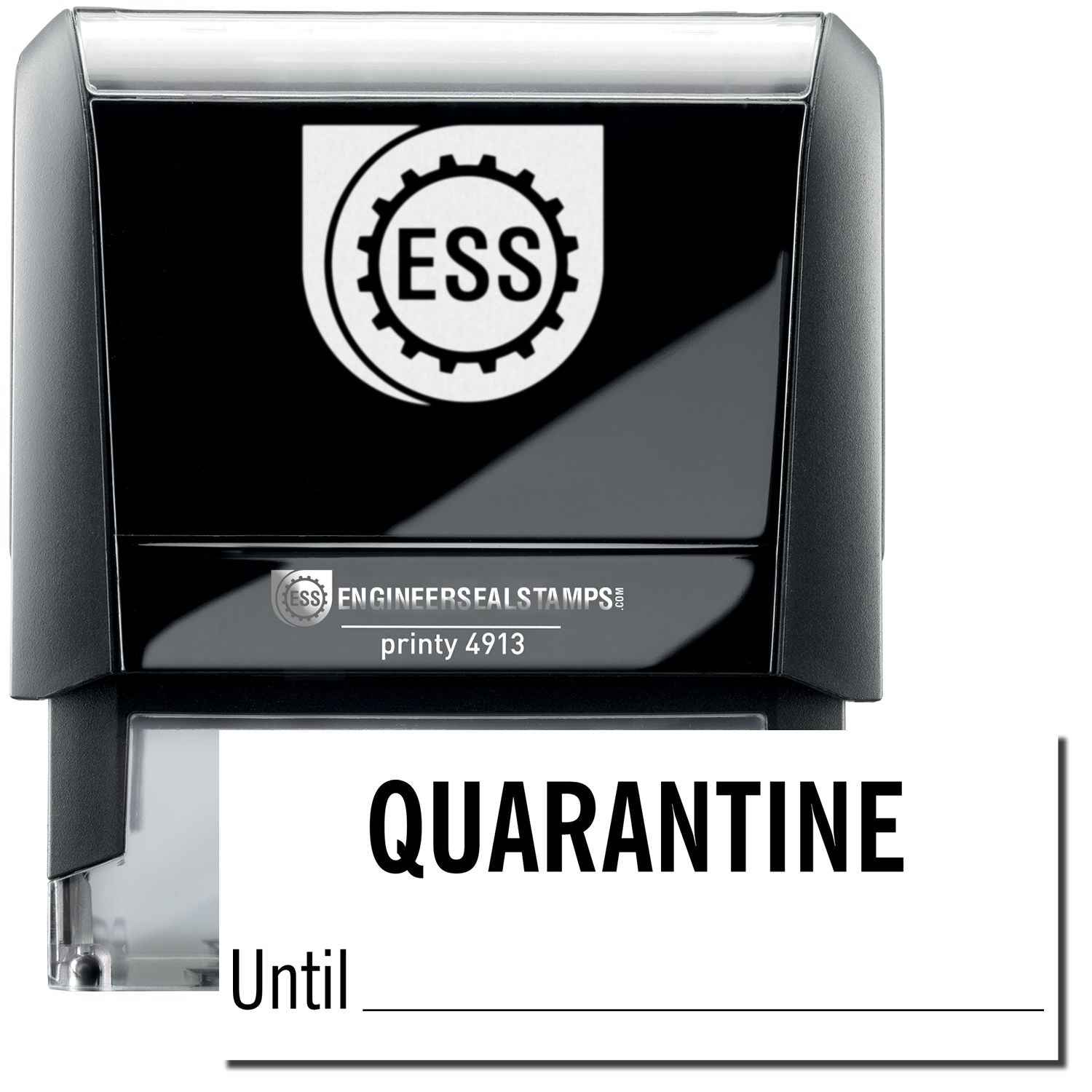 A self-inking stamp with a stamped image showing how the text QUARANTINE Until in a large font with a line (where medical personnel can write the date when the quarantine can end) is displayed by it after stamping.