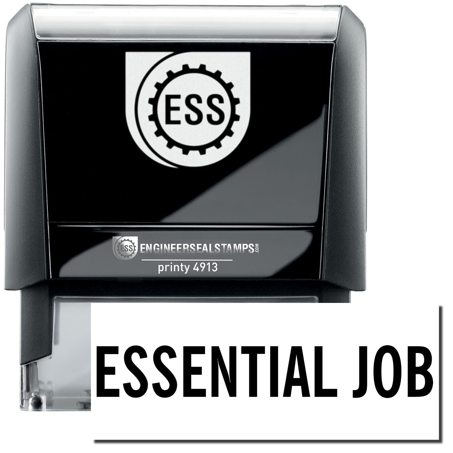 A self-inking stamp with a stamped image showing how the text ESSENTIAL JOB in a large font is displayed by it after stamping.