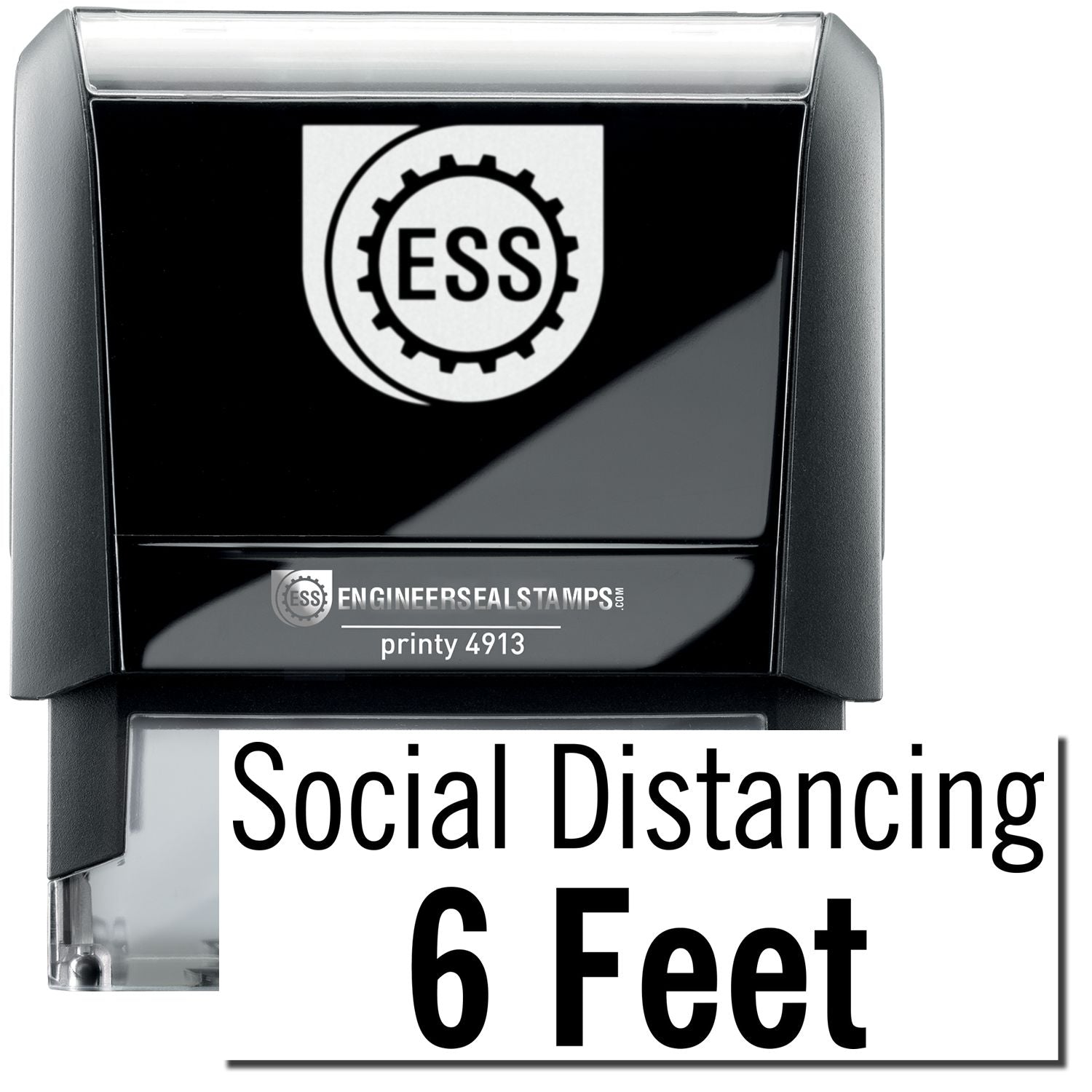 A self-inking stamp with a stamped image showing how the text Social Distancing 6 Feet in a large font is displayed by it after stamping.