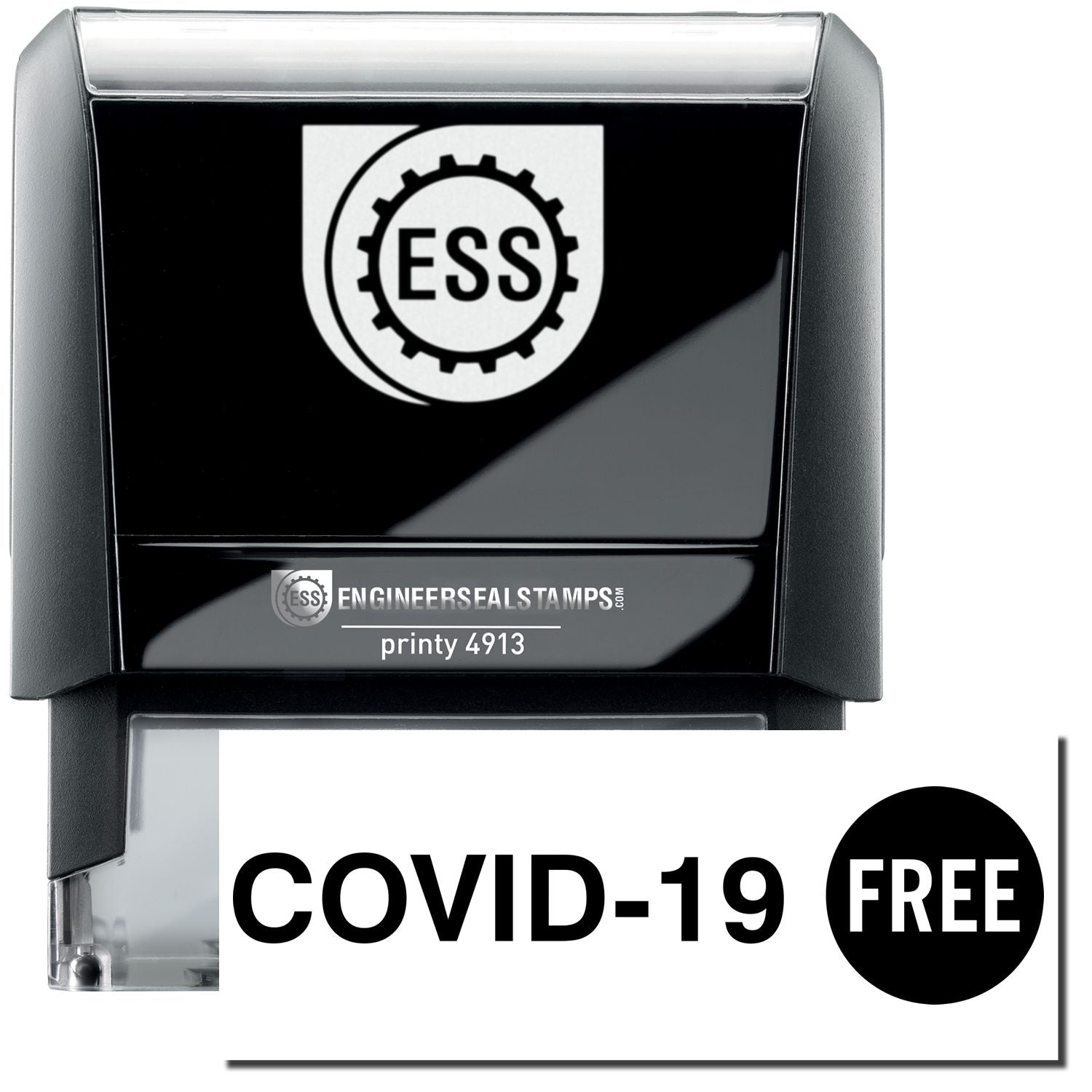 A self-inking stamp with a stamped image showing how the text COVID-19 FREE (in which the word FREE is shown inside a circle) in a large font is displayed by it after stamping.