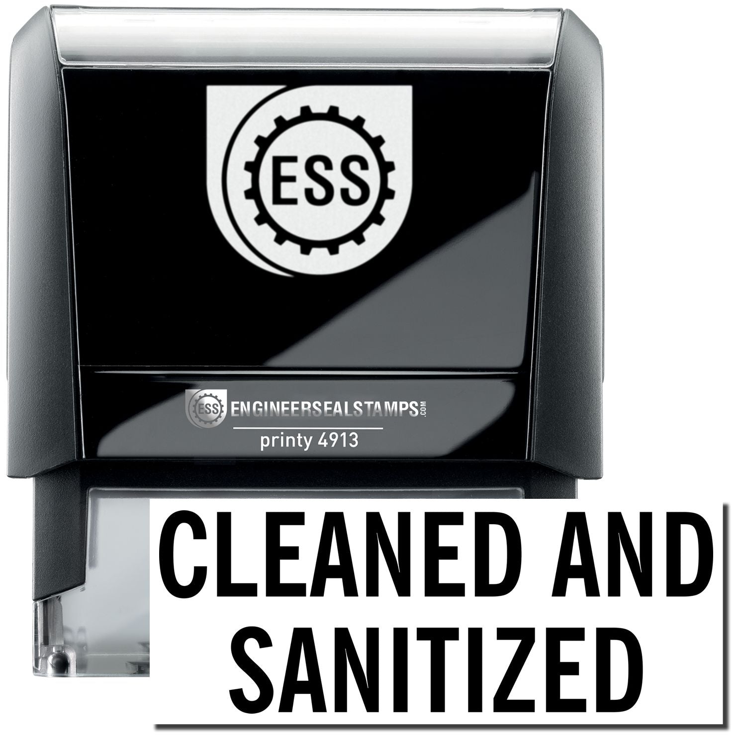 A self-inking stamp with a stamped image showing how the text CLEANED AND SANITIZED in a large font is displayed by it after stamping.