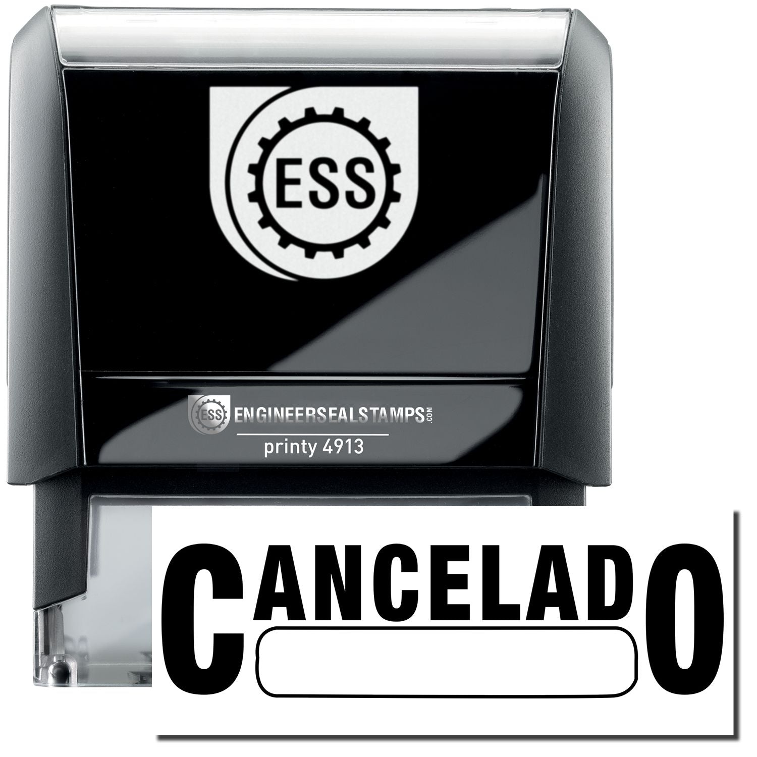 A self-inking stamp with a stamped image showing how the text "CANCELADO" (with a box underneath) in a large font is displayed by it after stamping.