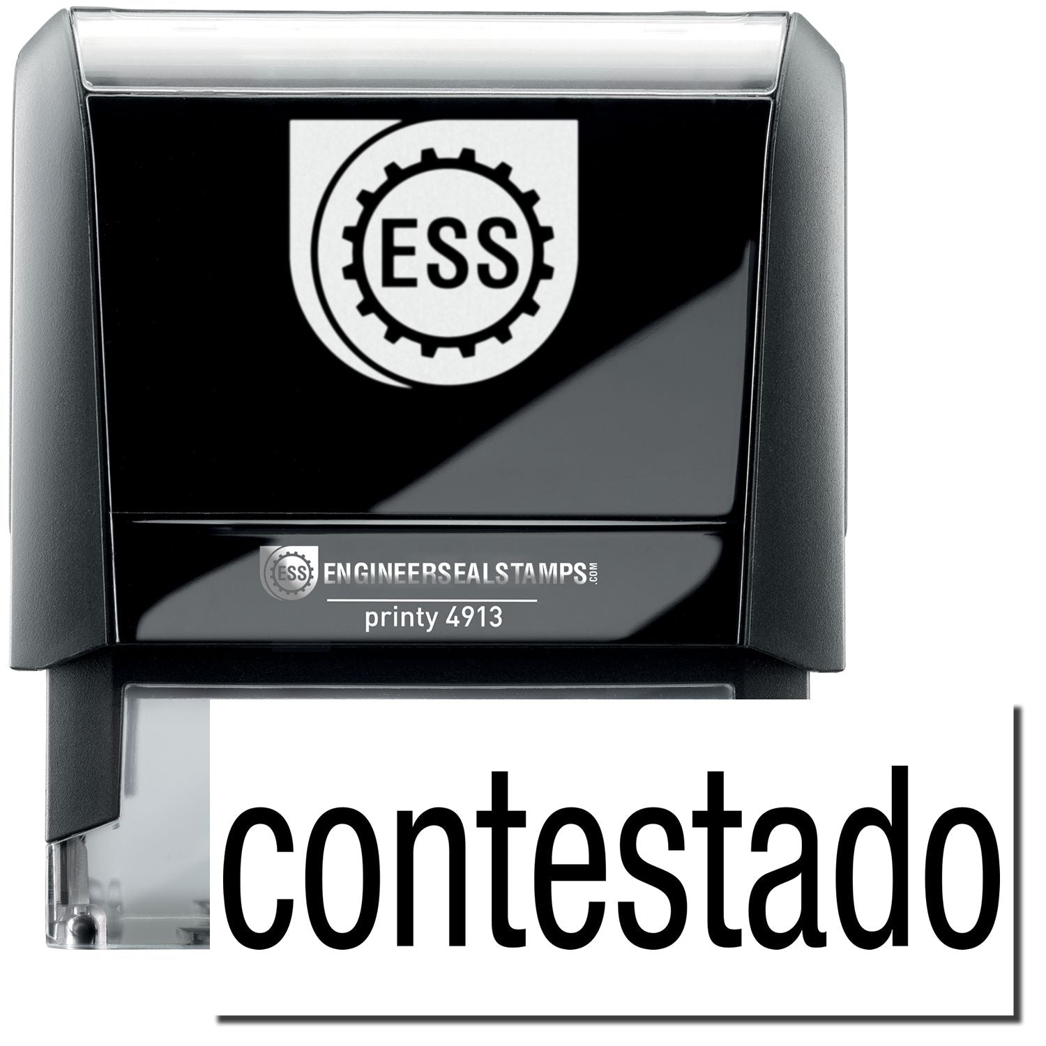 A self-inking stamp with a stamped image showing how the text contestado in a large font is displayed by it after stamping.