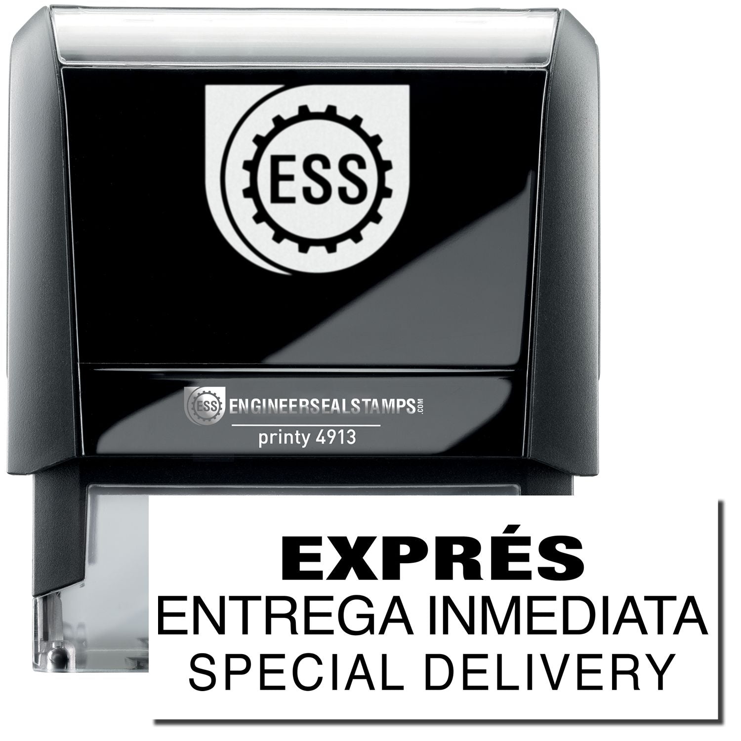 A self-inking stamp with a stamped image showing how the text EXPRES ENTREGA INMEDIATA SPECIAL DELIVERY in a large font is displayed by it after stamping.