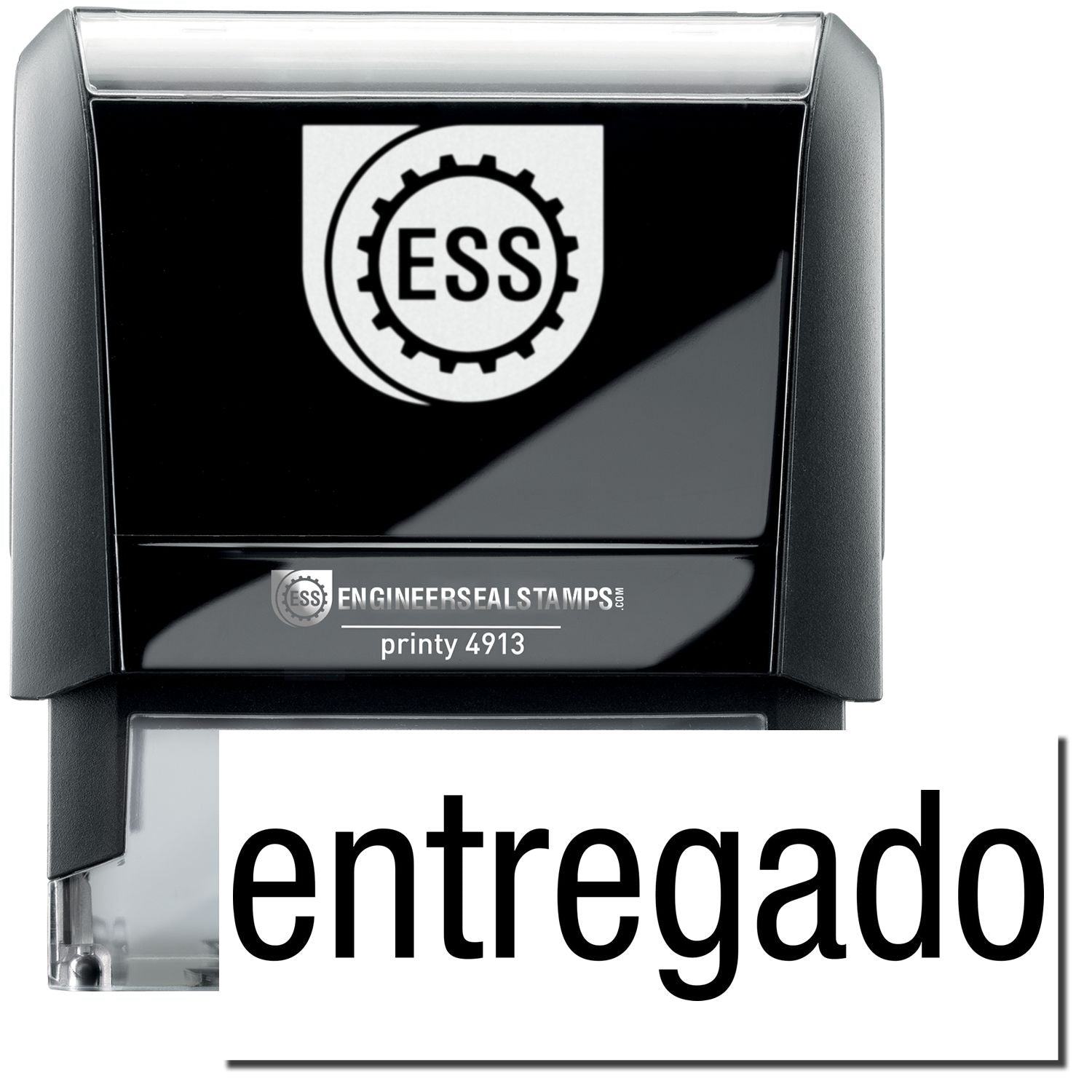 A self-inking stamp with a stamped image showing how the text entregado in a large font is displayed by it after stamping.