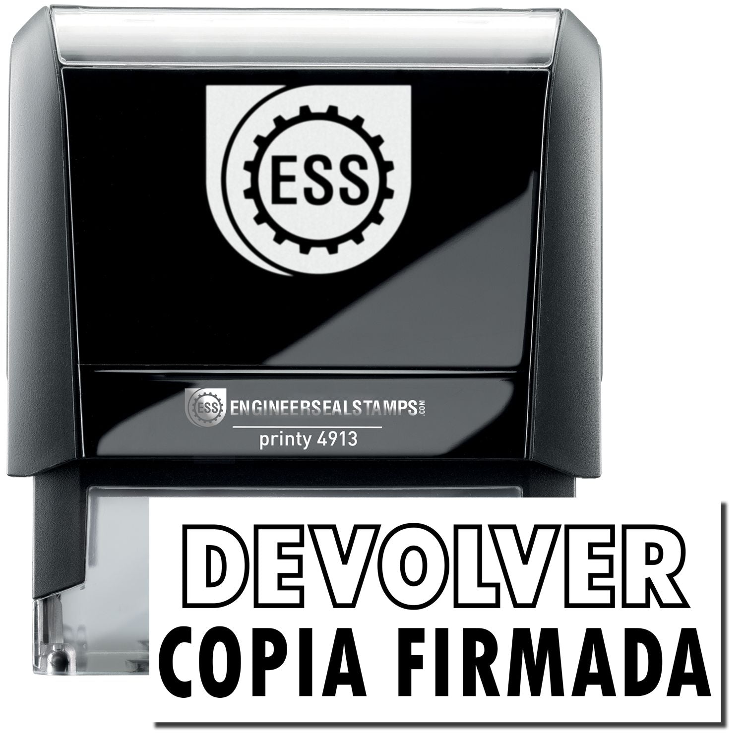 A self-inking stamp with a stamped image showing how the text DEVOLVER COPIA FIRMADA in a large font ( DEVOLVER in outline style) is displayed by it after stamping.