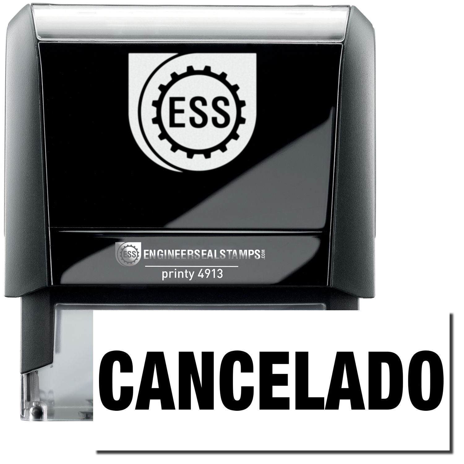 A self-inking stamp with a stamped image showing how the text "CANCELADO" in a large font is displayed by it after stamping.