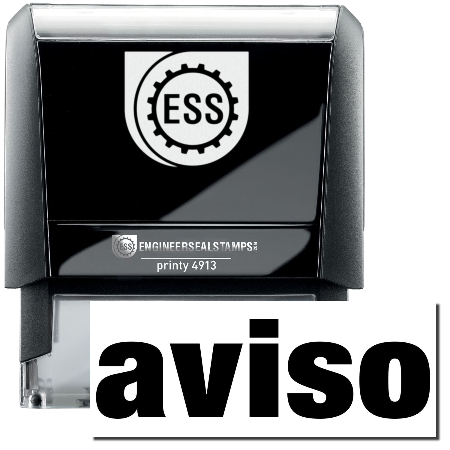 A self-inking stamp with a stamped image showing how the text "aviso" in a large font is displayed by it after stamping.