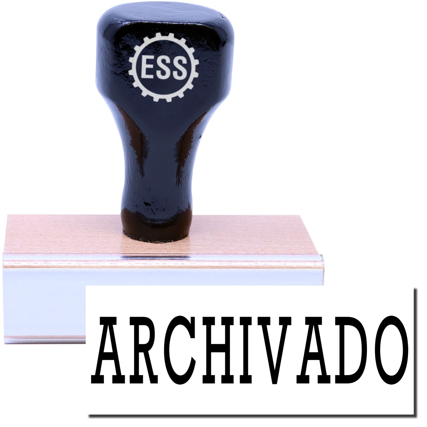 A stock office rubber stamp with a stamped image showing how the text ARCHIVADO in a large font is displayed after stamping.