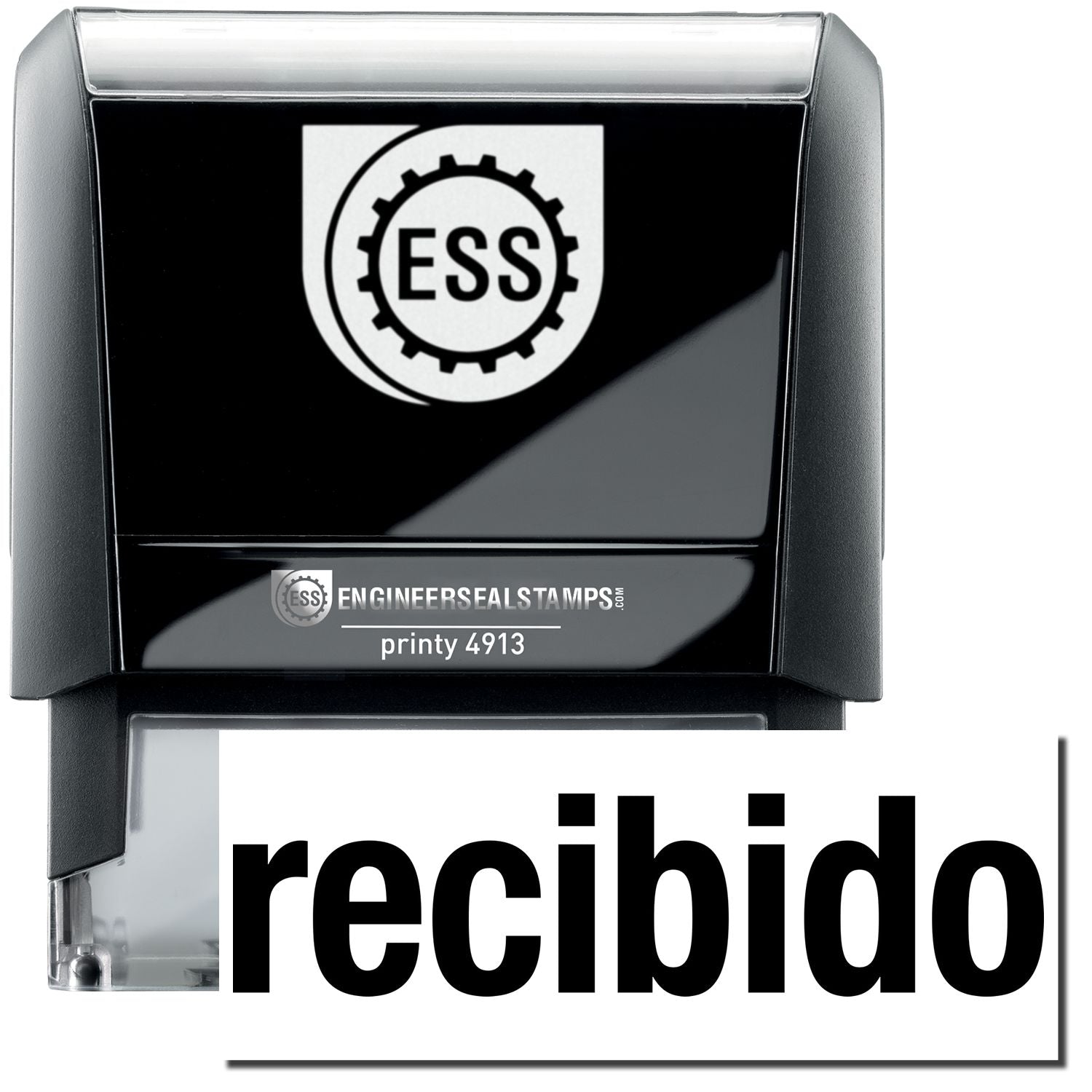 A self-inking stamp with a stamped image showing how the text "recibido" in a large bold font is displayed by it after stamping.