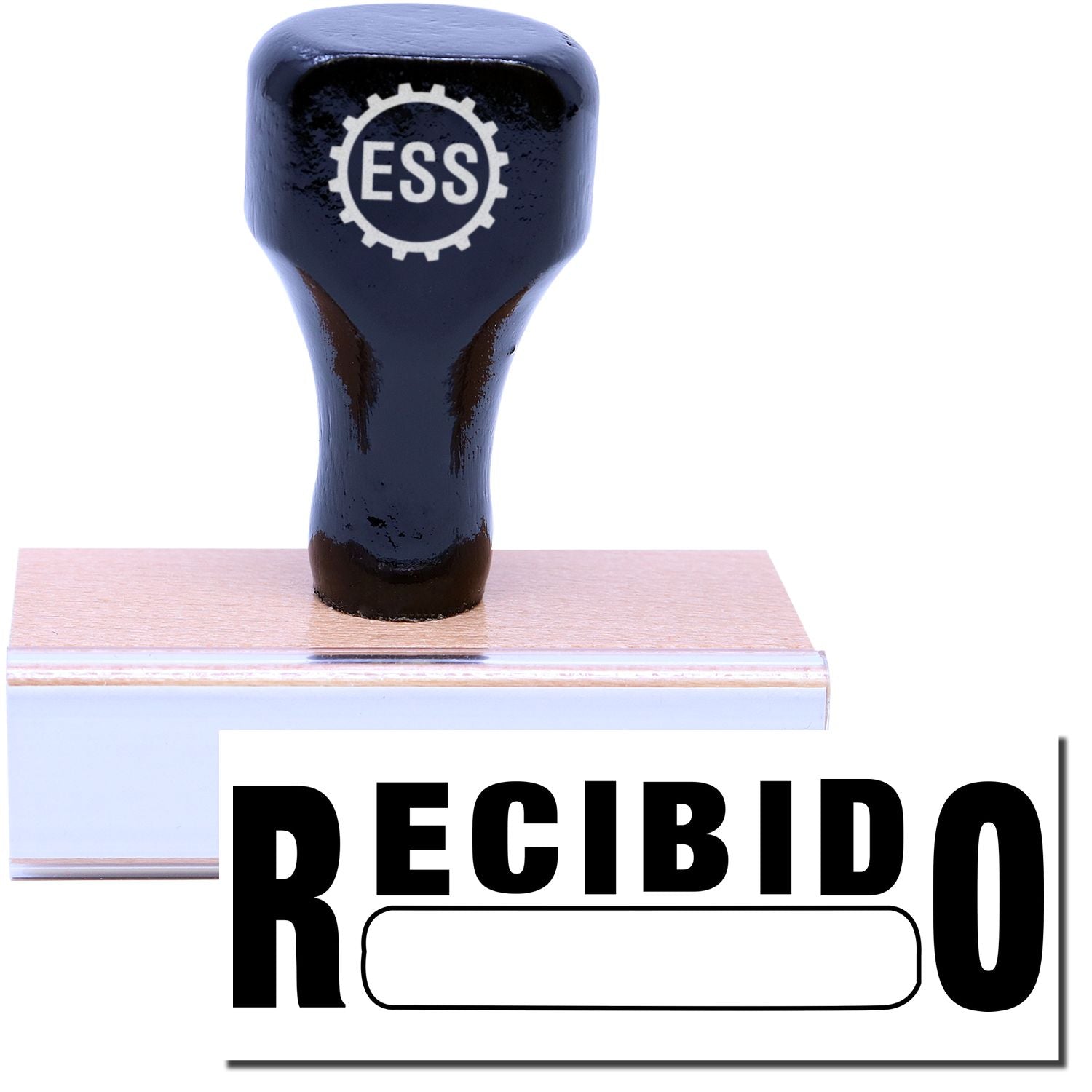 A stock office rubber stamp with a stamped image showing how the text RECIBIDO in a large font with a box is displayed after stamping.